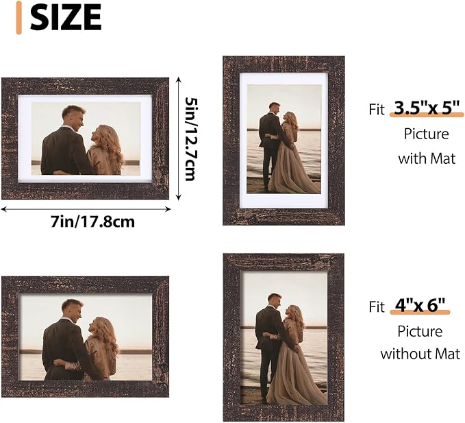 Fixwal 4x6 Rustic Picture Frames Set of 5, Vintage Distressed Photo Frames with Tempered Glass, Decorative Art for Wall Hanging and Tabletop Placement, Display 3.5x5 with Mat or 4x6 Without Mat