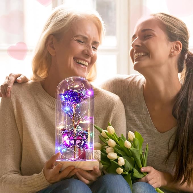 Beferr Birthday Gifts for Women Galaxy Glass Rose Forever Preserved Flowers for Delivery Light Up Rose in Glass Dome Mothers Day Butterfly Gifts for Mom Wife Grandma Her Daughter Girlfriend