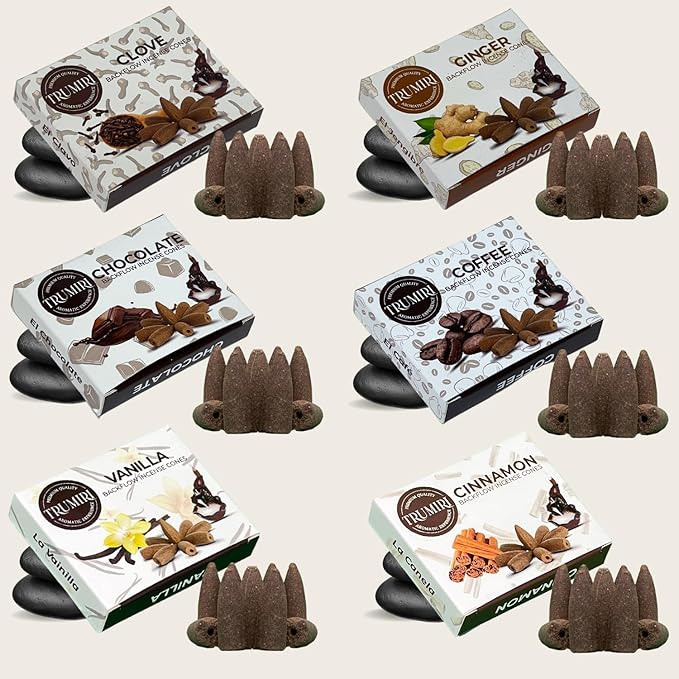Gourmet - Backflow Incense Cones for Waterfall - Scented Inscents-Cones - Cinnamon, Vanilla, Coffee, Chocolate, Clove, Ginger - Insiensos Aromaticos - 6x10=60 Large Variety Pack