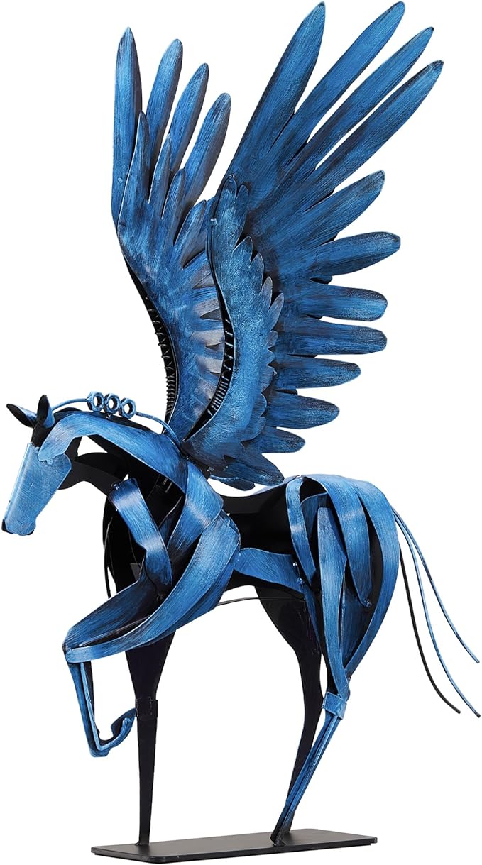 SunBlogs Art Horse Statue Décor Artwork, 24" H Handmade Metal Pegasus Greek Flying Horse Sculpture, Hand-Painted Animal Figurines for Home Living Room Office (Vintage Blue with Wings)