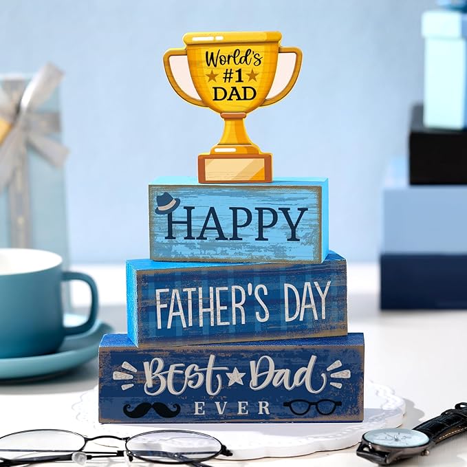 Yuntau 4 Pcs Father's Day Decorations Happy Father's Wooden Tabletop Tiered Tray Decor Rustic Best Dad Ever Trophy Wood Block Table Sign Centerpiece for Farmhouse Shelf Fireplace Birthday Party Gift