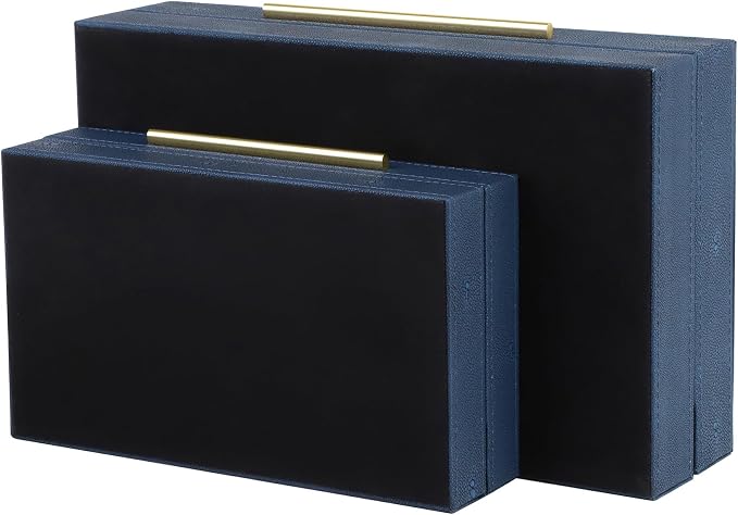 HofferRuffer Faux Leather Decorative Boxes Set of 2, Large Nesting Keepsake Box Accessory Organizer Jewelry Organizer with Hinged Lid, Stacking Storage Box Container for Home or Office (Navy Blue)