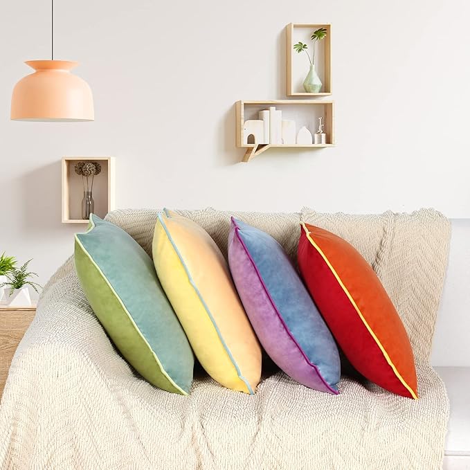 Btyrle Throw Pillow Covers 18x18 Inches Set of 4 Soft Velvet Couch Cushion Covers Modern 8-Colors Rainbow Designsfor Sofa Bedroom Home Decor(Rainbow Series with Edge)
