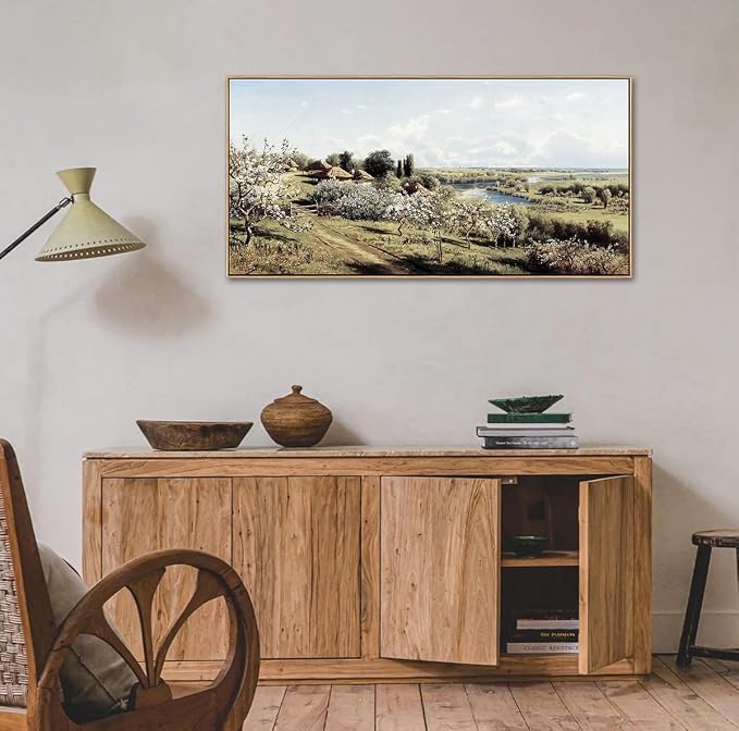DJSYLIFE Farmhouse Apple Blossoms Landscape Framed Wall Art for Living Room | 20x40 Inch Vintage Canvas Print, Solid Wood Inner & Outer Frame, Ready to Hang, Rustic Country Decor for Bedroom & Dining