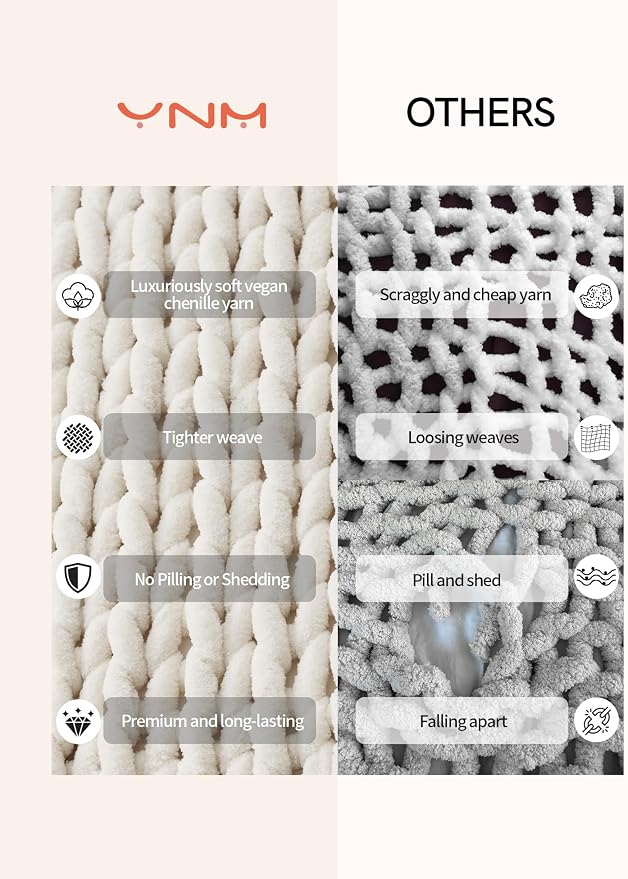 YnM Chunky Throw Blanket, Hand Knitted with Chenille Yarn, Skin Friendly, Ventilated and Breathable, Machine Washable, Home Décor Piece for Couch, Sofa and Bed (Butter Cream, 60x80 Inch)