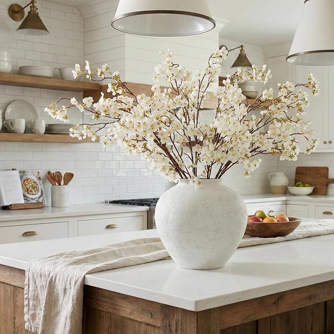 White Cherry Blossom Branches – 6 Pcs 33.5" Long Stem Artificial Flowers for Tall Vase, Premium Faux Silk Spring Decor, Realistic Fake Cherry Blossoms for Home, Wedding & Table Centerpieces