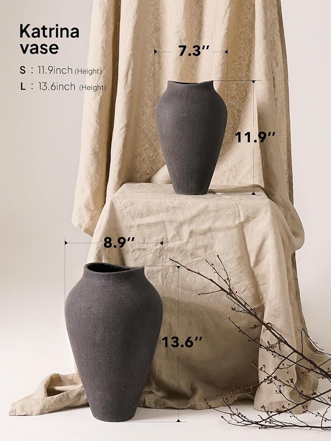 Ceramic Vase - Large 11.8 Inch Tall Floor Vase for Centerpieces, Farmhouse Flower Vases, Rustic Minimalist Home Decor for Living Room, Enterway, Wedding (Sandstone Dark Gray)
