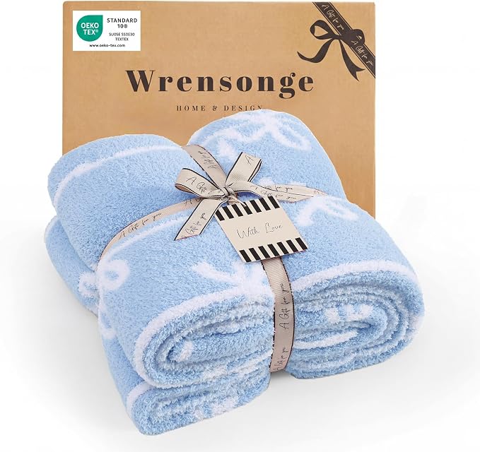 WRENSONGE Soft Throw Blanket for Couch-Cozy Reversible Knitted Blankets | Lightweight Warm Fluffy Decor for Women, Mom, Her & Girls, Sofa, Chair, Bed, 50x60in, Blue Bow