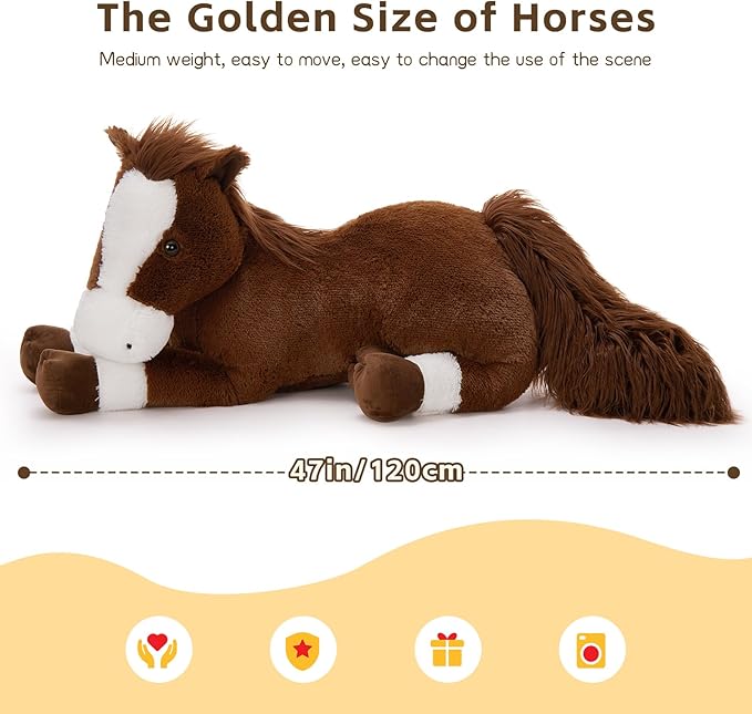 Tezituor 47 Inch Giant Realistic Horse Stuffed Animals, Hugging Soft 4ft Stuffed Horse Plush Body Pillow for Sleeping, Large Chocolate Stuffed Pony Farm Toy Birthday Party Decor for Girlfriend