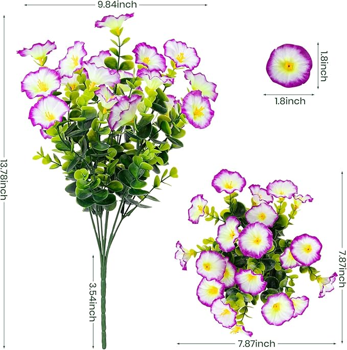 Nigirior Artificial Faux Flowers for Outdoor 16 Bundles Boxwood Fake Morning Glory for Planter,UV Resistant Fake Flowers for Home Porch Patio Outside（Purple/White）
