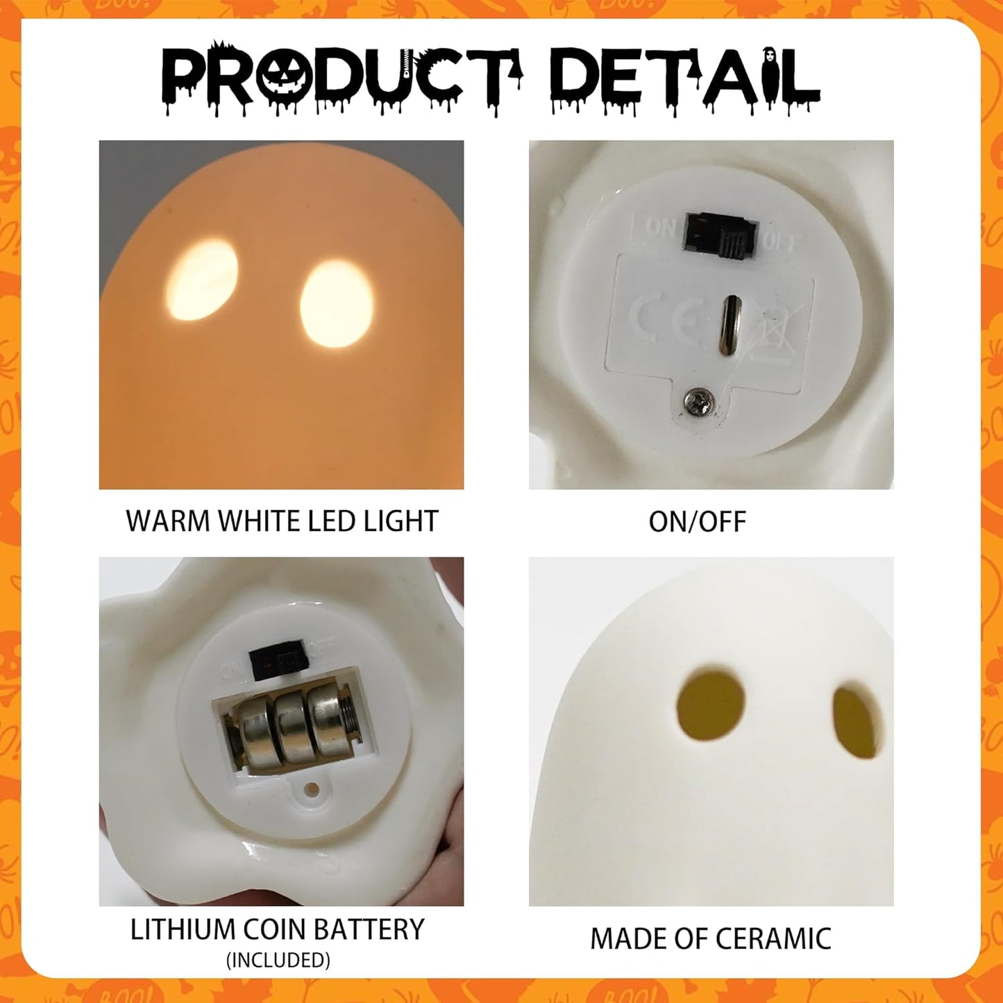 NEROSUN 3 Pack Cute Ghost Light Up Halloween Decor, LED White Ceramic Spooky Flameless Lanterns Decorative Light Fall Halloween Party Decoration for Home Bedroom Room Table Shelf