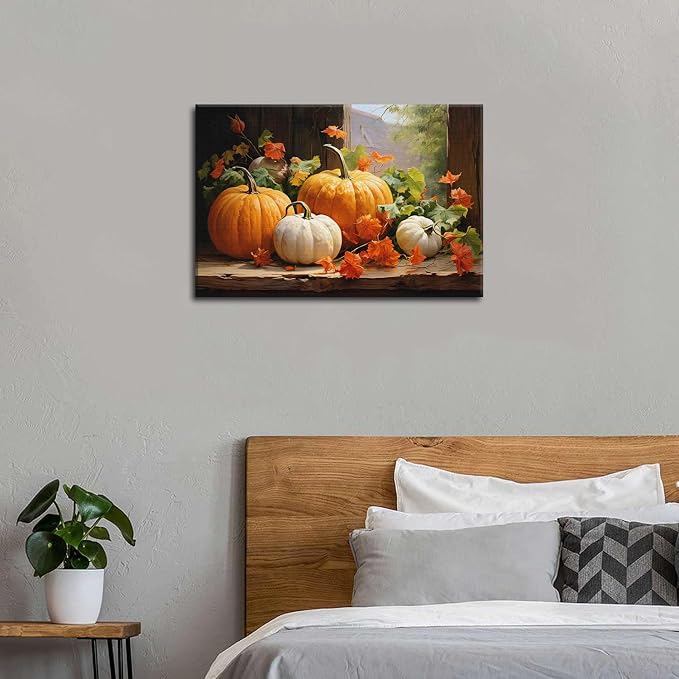 Pumpkin Canvas Wall Art Fall Pictures Maple Leaf Autumn Decor Thanksgiving Wall Framed Prints Rustic Halloween Themed Wall Decor Modern Artwork for Living Room Kitchen Bedroom Home Decorations 16x24”