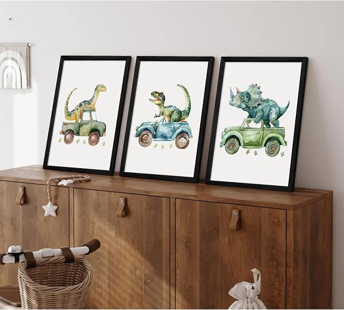 Dinosaur Nursery Wall Art Kids Canvas Poster Baby Boy Nursery Wall Decor Green Dino Pictures Toddler Prints Cartoon Dino Car Painting Boys Room Artwork for Bedroom Bathroom 16x24x3 Inch Wood Framed