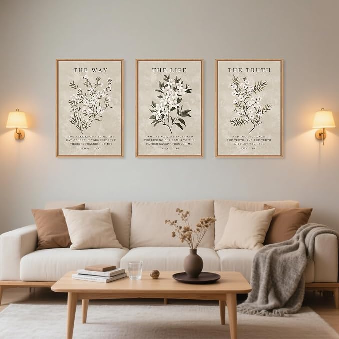 Vintage The Way The Truth The Life Framed Canvas Wall Art Set,Boho Floral Christian Scripture Wall Decor,Religious Botanical Psalm Verse Artwork for Living Room,Bedroom,Prayer Room-16"x24"x3