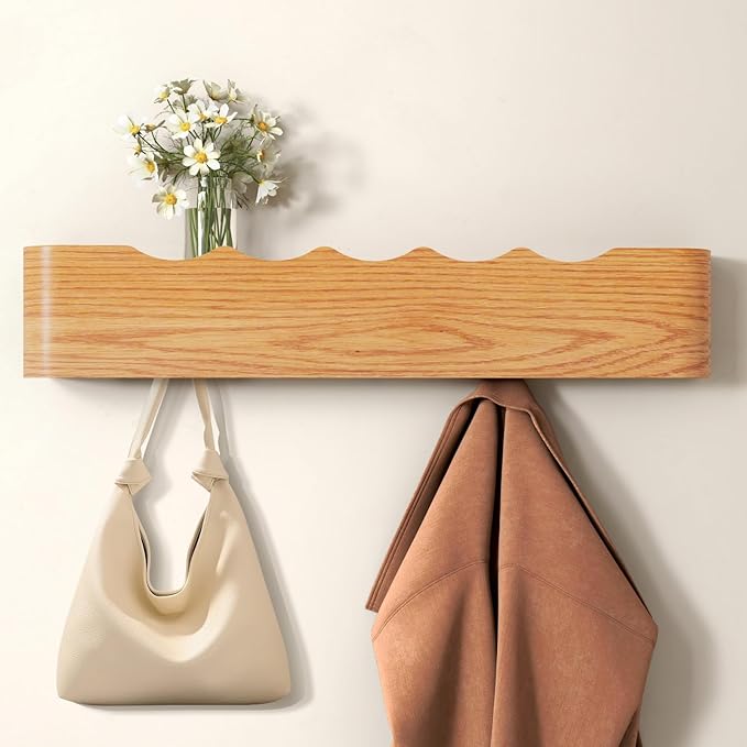 Wall Mounted Coat Rack with Shelf, Wooden Entryway Organizer with Hidden Metal Hooks for Hanging Coats Bags Keys, Modern Floating Shelf for Hallway Bathroom