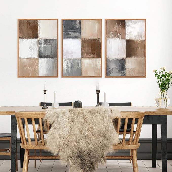 HOURIA 3Pcs Boho Brown Beige White Grey Square Lattice Canvas Wall Art 16"x24", Vintage Mid Century Modern Earth Tone Wall Decor, Minimalist Neutral Illustration Art Print for Office Living Room Home