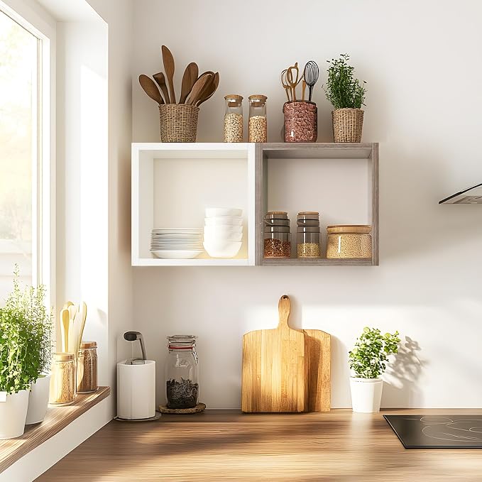 Kaboon Cube Floating Shelves Set2, Display Shelves Wall Mount 7.75" D x 12.5" W x 12.5" H, (Eucalyptus, Square 2 Cubes)