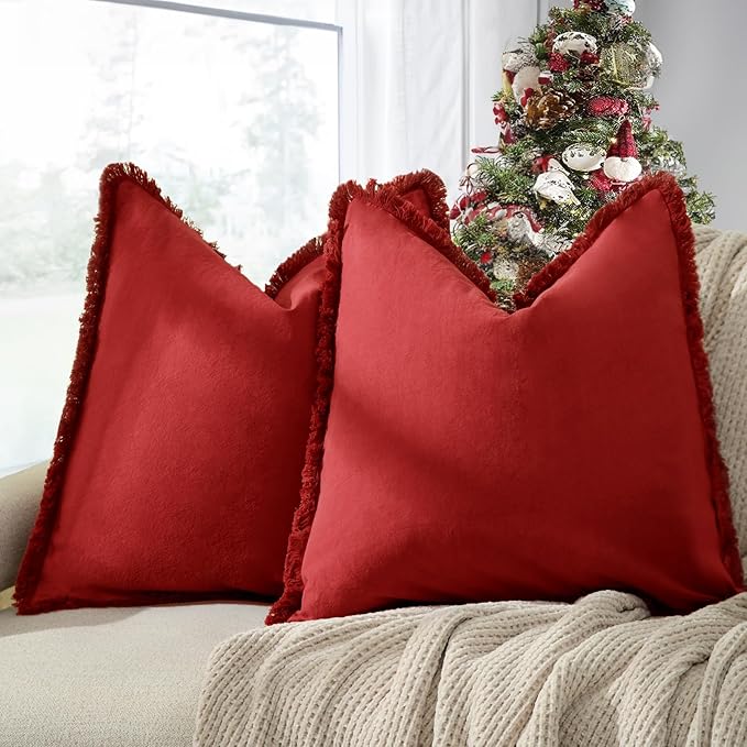 ZWJD Red Pillow Covers 18x18 Set of 2 Throw Pillows with Fringe, Chic Cotton Decorative Square Cushion Covers for Sofa, Couch, Bed, Living Room, Farmhouse, Boho Decor