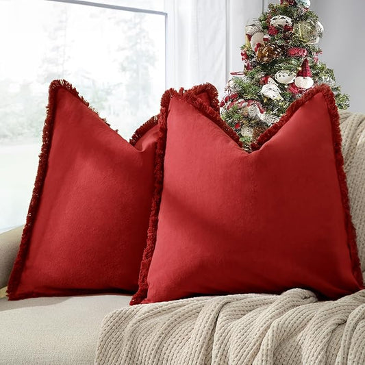 ZWJD Red Pillow Covers 18x18 Set of 2 Throw Pillows with Fringe, Chic Cotton Decorative Square Cushion Covers for Sofa, Couch, Bed, Living Room, Farmhouse, Boho Decor
