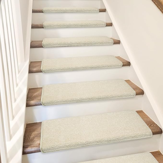 PURE ERA Bullnose Carpet Stair Treads Set Tape Free Non-Slip Indoor Stair Protectors Pet Friendly Rugs Covers Soft Skid Resistant Washable Reusable 9.5" x 30" (14 Pieces, Light Beige)