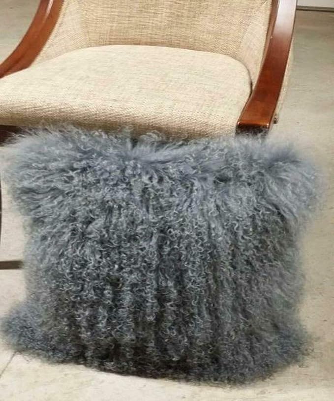 Mongolian Lamb Fur Throw Pillow Cover (16'' x 16'', Gray) Real Fur Decorative Cushion Cover Pillow Case for Living Room Bedroom
