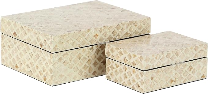 Deco 79 Mother of Pearl Shell Handmade Decorative Box Decorative Keepsake Boxes with Hinged Lid, Set of 2 Storage Boxes 12", 8"W, Cream