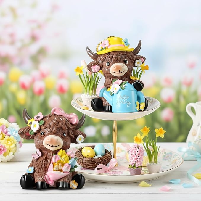 Karenhi 2 Pcs Highland Cow Figurines Spring Flower Highland Cow Gnomes Scottish Resin Statue Calf Lovers Gifts for Home Garden Kitchen Office Tiered Tray Table Decor