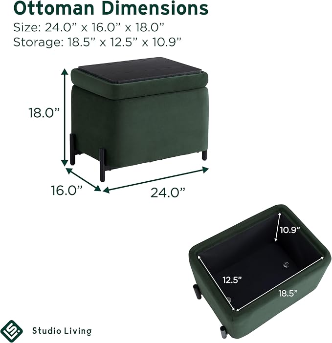 Studio Living Connor 24” Small Storage Ottoman with Reversible Tray Lid, Velvet Upholstered Footrest & Accent Bench, Hidden Storage, Metal Legs, Modern Boho Design, Green