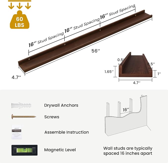 Acovy Solid Ash Wood Picture Ledge Shelf, 56 Inch, Walnut, Set of 2 | Floating Shelves, Wall Mounted, For Living Room Bedroom Kitchen Nursery, Large Ledge Shelves