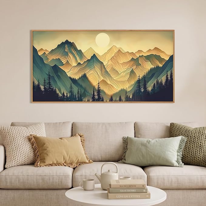 Boho Green Mountain Landscape Framed Canvas Wall Art Set,Abstract Sun Forest Scenery Wall Decor,Bohemian Ridge Lines Pine Tree Artwork for Living Room,Bedroom,Dining Room,Office-40 x20 x1