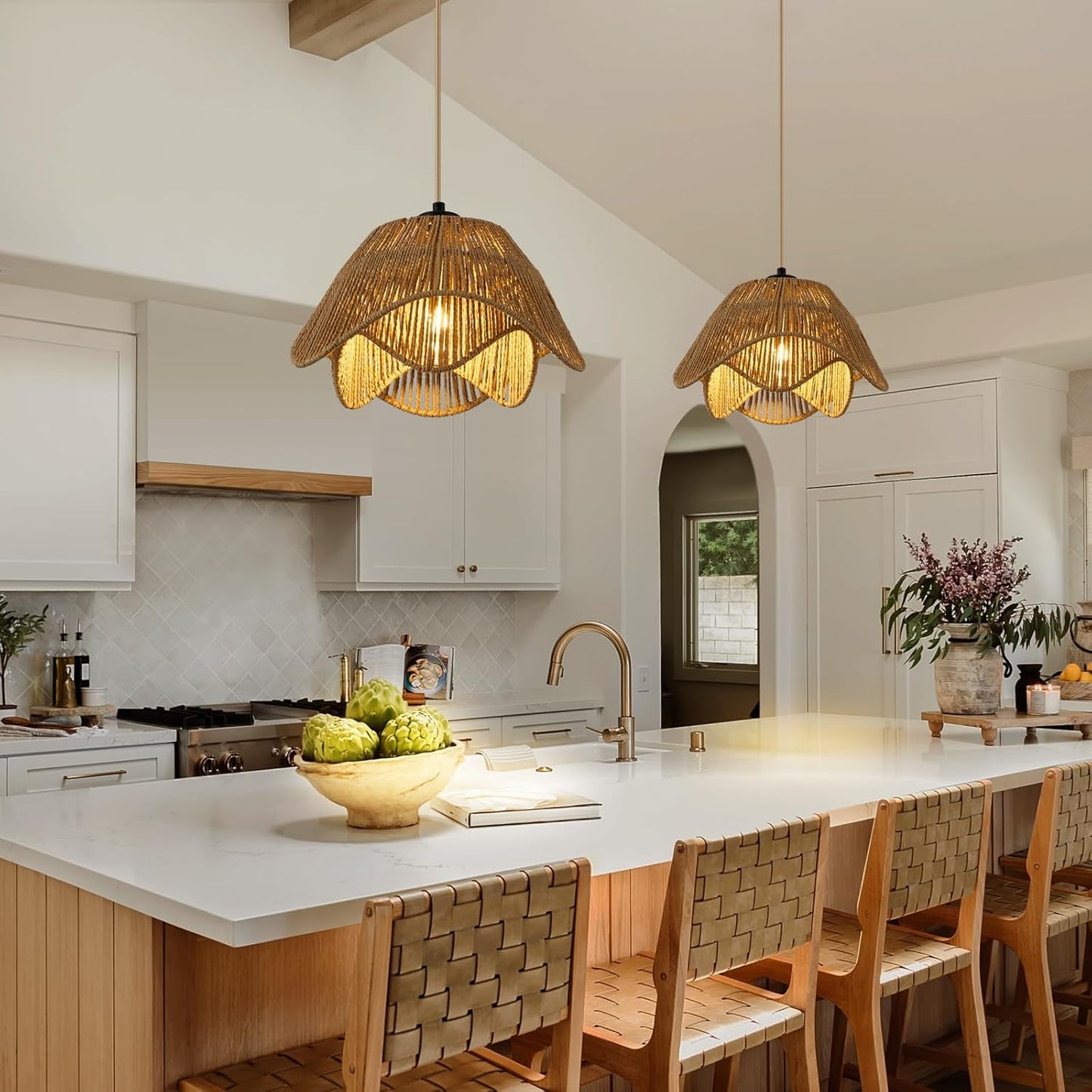 Rattan Pendant Light Fixtures,1 Light Boho Hanging Light, Farmhouse Hand Woven Wicker Chandelier, Adjustable Flush Mount Ceiling Hanging Lamp for Bedroom Dining Room Kitchen Island Hallway