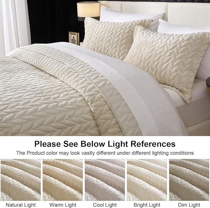 Ivellow Luxury Velvet Quilt Set Queen Size Bedding Sets Lightweight Ultra Soft Velvet Comforter Set Leaves Chevron Stitch Oversized Bedspread Coverlet 3 Pcs Full Bed Cover Sets for All Seasons Beige