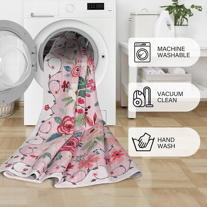 DUKINO 2x8 Runner Rug for Hallway, Washable Kitchen Runner Rug with Rubber Backing Non Slip, Low Pile Soft Boho Floral Thin Carpet for Entryway, Hallway, Bathroom, Laundry Room, Pink