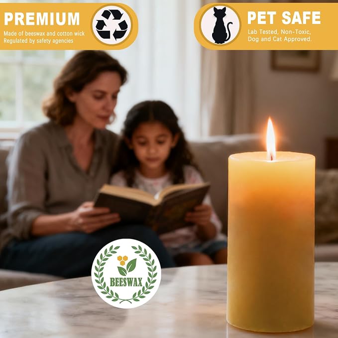 12 Pack Beeswax Pillar Candles, 420 Hours Long Burning Beeswax Candles,Unscented Bees Wax Candles Bulk for Home Paryer Party, Smokeless, Dripless