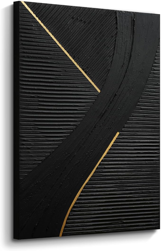 Abstract Black & Gold Canvas Wall Art,3D Line Texture Modern Oil Painting | Hand-Painted Black Vertical Artwork for Living Room Bedroom Office, 24x36 In Large Original Wall Decor, Ready to Hang