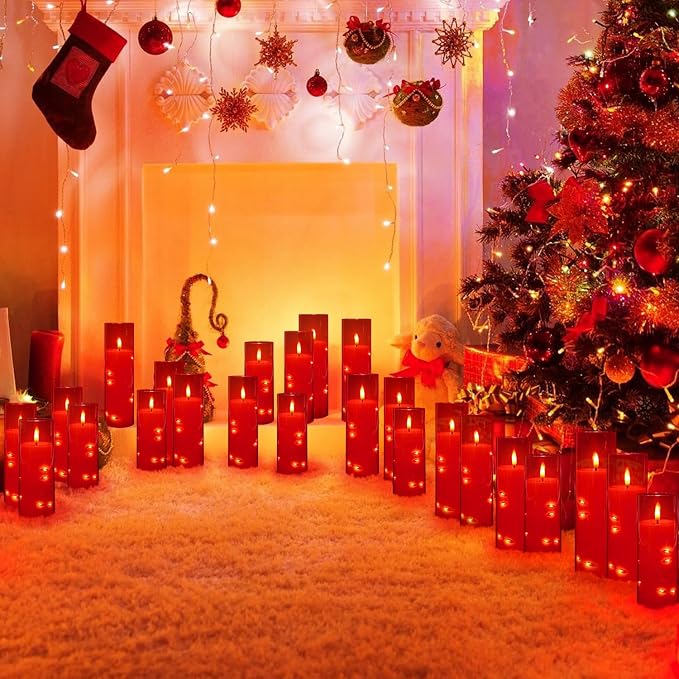12‑Pack Red Flameless LED Candles(D 2.2" xH 5" 6" 7") with Embedded String Lights,Acrylic Pillar Candles with 2 Remote Timers, Battery‑Operated for Christmas, Halloween & New Year Decor.