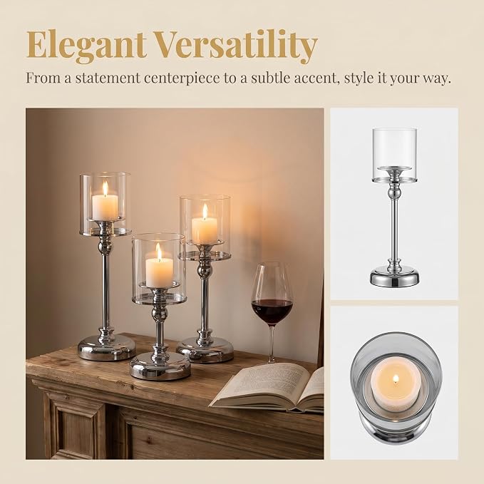 Sliver Hurricane Candle Holders - Set of 6 Tall Candlestick Holders Windproof Taper Candle Holders, Metal Stand for Table Centerpiece Outdoor Indoor Wedding Party Holiday Decor