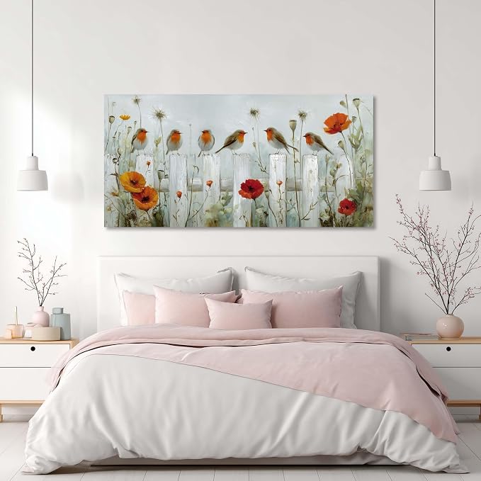 Ggaafet Garden Birds Wall Art for Bedroom Canvas Oil Painting Prints Cute Sparrow on Fence Art Deco Nature Artwork Office Family Dining Room Decor