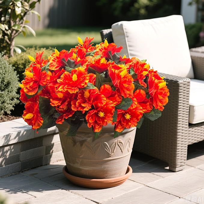 Grunyia Artificial Hibiscus Flowers 5 Bundles, UV Resistant Fake Tropical Flowers Realistic Silk Blooms for Outdoor Planter Garden Patio Porch Window Box Home Decor (Orange)