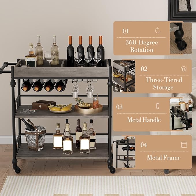 IDEALHOUSE Bar Cart, 3 Tier Bar Carts for Home with Wheels, Metal Rolling Serving Cart with Wine Rack & Glass Holder, Removable Tray and Storage Shelves for Kitchen, Dining Room, Living Room – Grey