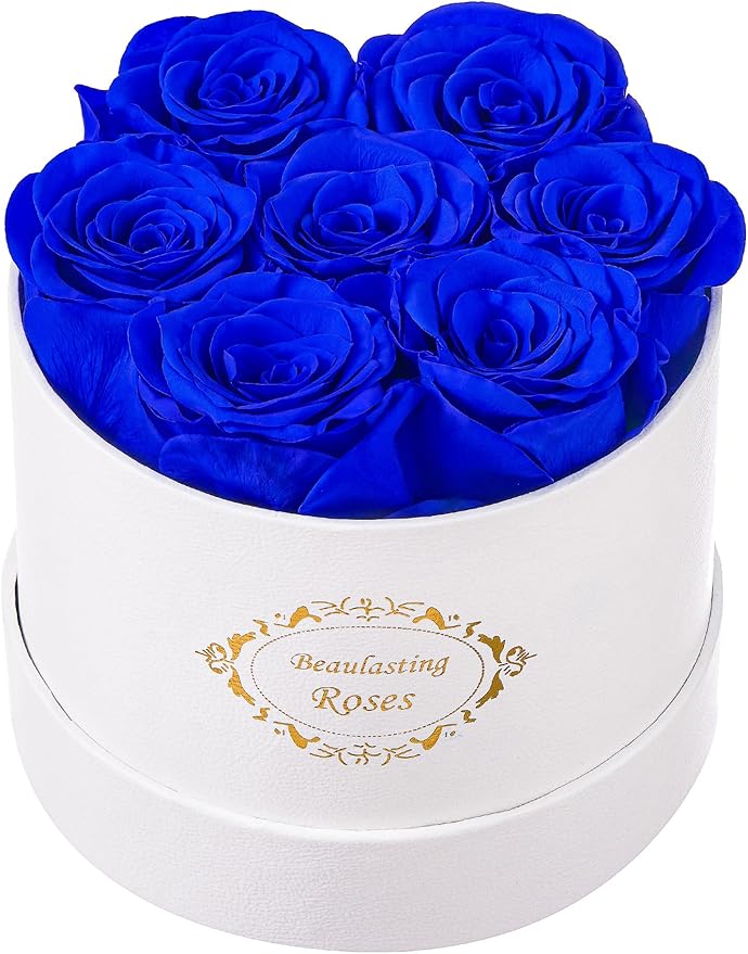 Beaulasting Long Lasting Preserved Roses in a Box Last a Year Forever Flowers for Her Mom Wife Anniversary Birthday (Round White Box, Royal Blue)