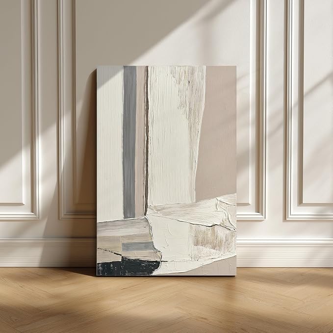 Modern Abstract Neutral Canvas Wall Art, Textured Painting for Living Room | Hand-Painted White Beige Gray Composition Artwork for Bedroom Office Hallways,Large Geometric Wall Decor Ready to Hang 24x36"