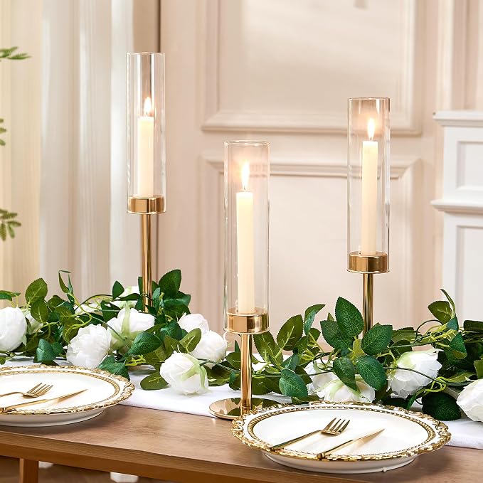 Gold Hurricane Glass Candle Holders Set of 3 Brass Taper Candlestick Holder | Windproof Flameless Candle Holder, Tall Candle Stick Holder, Table Centerpieces for Wedding, Christmas Party, Fireplace Decor