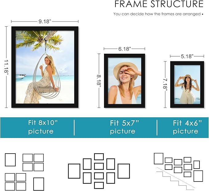 PEALSN 10 Pack Collage Picture Frames, Gallery Wall Frame Set with Two 8x10, Four 5x7, and Four 4x6, Multiple Photo Frames for Wall Gallery Decor, Black