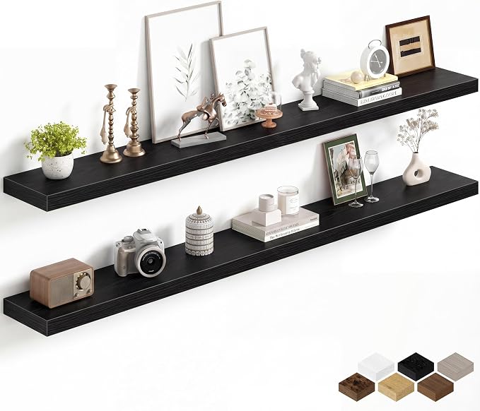 Fun Memories 67Inch Long Floating Shelves, 8 Inch Deep Shelves for Bedroom|Living Room, Wall Mounted Wood Hanging Shelf with Invisible Brackets for Fireplace Mantel Home Storage Decor, Black - 2 Pack