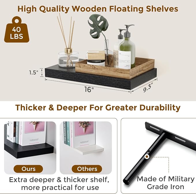 Floating Shelves for Wall, 16 inch Black Shelves 9.3in Deep Wooden Shelf, Floating Wall Shelves for Kitchen, Bathroom, Living Room & Bedroom Organizer, 16 x 9.3 x 1.5 in, 2 Packs