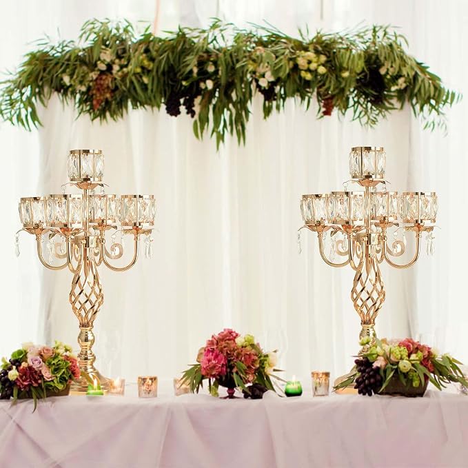 23.2 inch Tall Elegant and Chic 5 Arm Pendant Crystal Candlestick Holder Table Decoration tealight Candle Holder, Candelabra for Gorgeous Wedding/Parties Table Centerpiece (4, Gold)