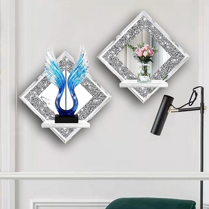 ZOLAPI Crystal Crush Diamond Wall Candle Holder Set of 2, Diamond Silver Mirrored Candle Sconces, Home Wall Decoration for Living Room, Dining Room & Bedroom.