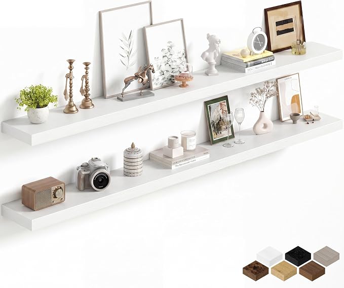 Fun Memories 72Inch Long Floating Shelves, 8 Inch Deep Shelves for Bedroom|Living Room, Wall Mounted Wood Hanging Shelf with Invisible Brackets for Fireplace Mantel Home Storage Decor, White - 2 Pack