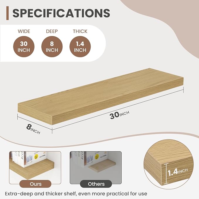 Acovy 30 Inch Floating Shelves, 8 Inch Deep Floating Shelves for Wall, Hanging Shelf with Invisible Brackets, Deep Shelves for Bathroom, Bedroom, Living Room, Oak, Set of 2